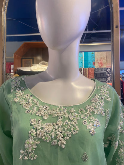 Mint Green Embroidered Organza 3-Piece Suit
