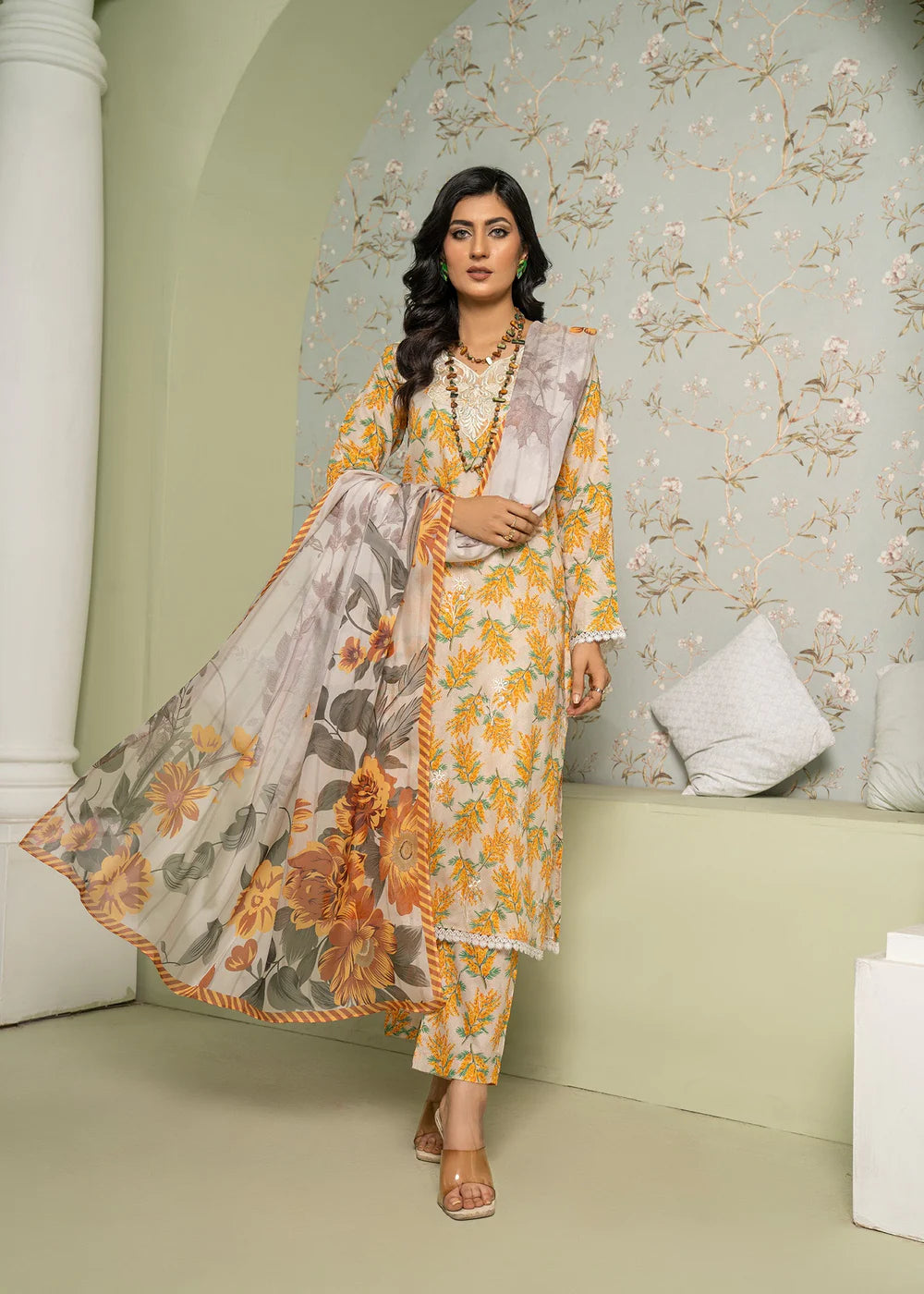 3 Pc Cream Lawn Kurta Set With Silk Dupatta -Yellow