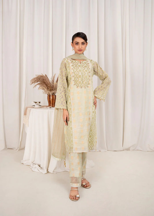 3 Pc Brochea Jacquard Dress - Green