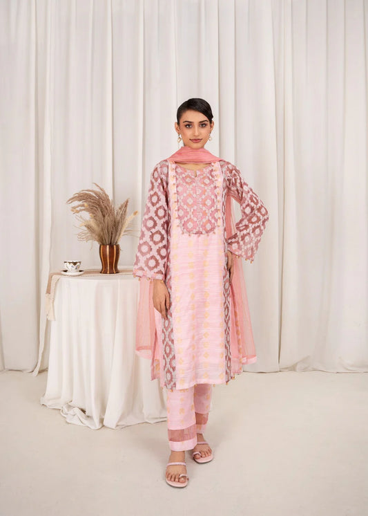 3 Pc Brochea Jacquard Dress - Pink