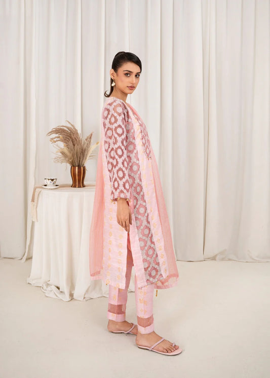 3 Pc Brochea Jacquard Dress - Pink