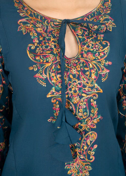 Teal Embroidered Cotton Suit with Floral Silk Dupatta