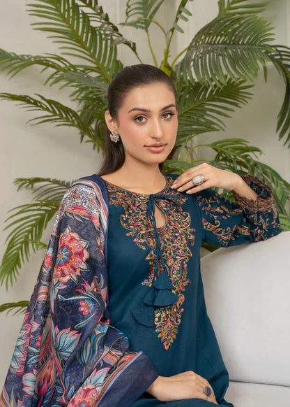 Teal Embroidered Cotton Suit with Floral Silk Dupatta