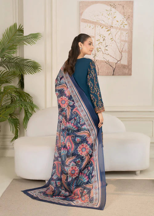 Teal Embroidered Cotton Suit with Floral Silk Dupatta