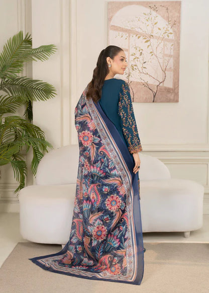 Teal Embroidered Cotton Suit with Floral Silk Dupatta