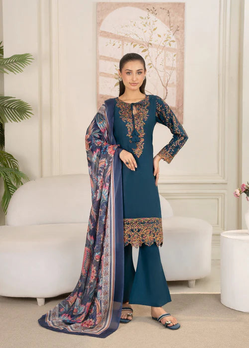 Teal Embroidered Cotton Suit with Floral Silk Dupatta