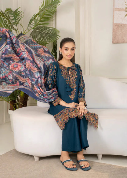 Teal Embroidered Cotton Suit with Floral Silk Dupatta