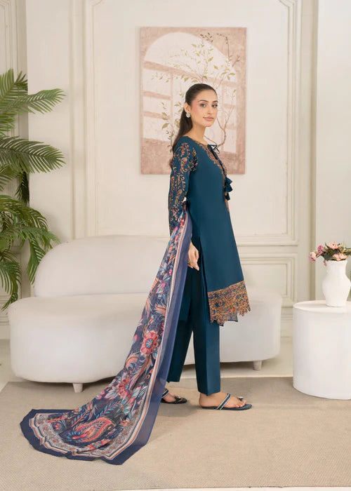 Teal Embroidered Cotton Suit with Floral Silk Dupatta
