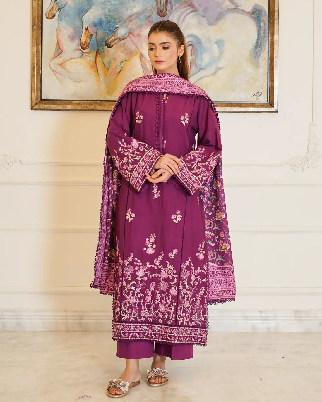 Plum Heritage – Embroidered 3-Piece Khaddar Suit with Printed Wool Shawl